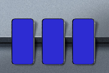 3D rendering Smartphone Mockup on wall step textured dark gray surface, High quality