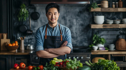 Fototapeta premium Asian male chef wearing an apron Pose confidently for the camera in the kitchen. It offers healthy food and healthy food ideas. Hotels