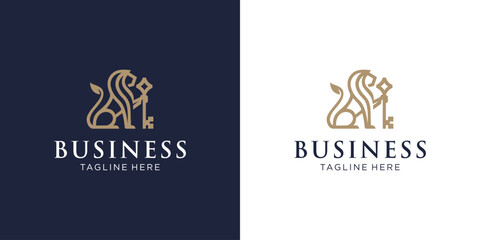 Royal Lion Key Logo Design Illustration. Silhouette of a Royal Lion Holding a Key. Elegant Gold Property Key Symbol. Elegant Gold Leo Line Icon. Luxurious Vintage Royal Coat of Arms.