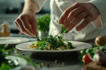 Close-up of the hands of a professional chef Make vegetable salad in the restaurant kitchen Spoon salad vegetables onto plates. Healthy food concept. Hotel