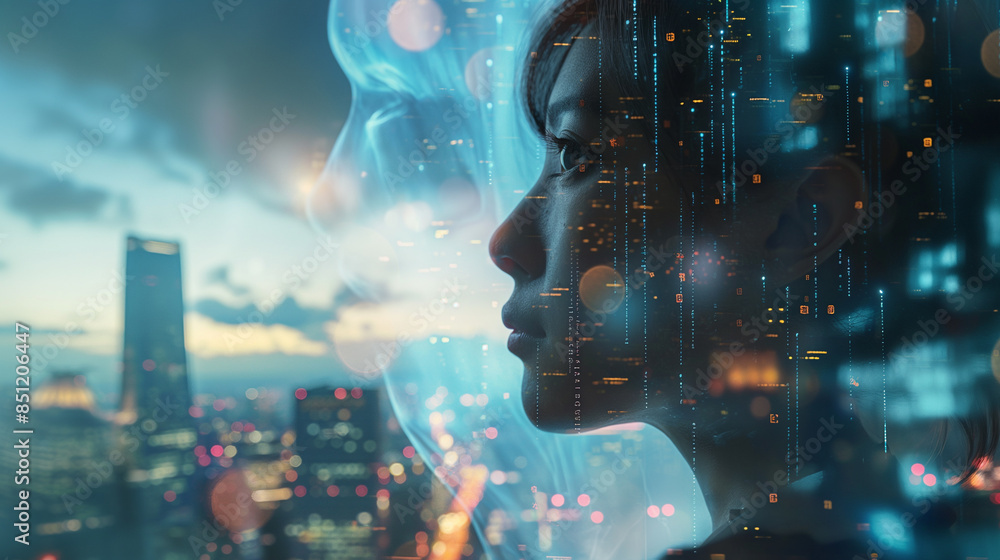Poster side view of young woman, blurry city background with revealing code lines and network holograms. pr