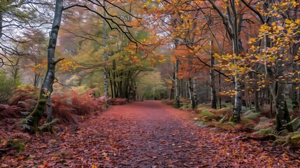 A mesmerizing autumn forest path, adorned with vibrant red, orange, and yellow leaves, invites peaceful strolls.
