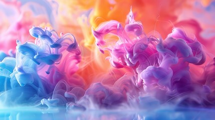 Obraz premium Close-up of colorful ink blending in water, forming swirling, cloud-like patterns that change and evolve in a hypnotic dance. Abstract Backgrounds Illustration, Minimalism,