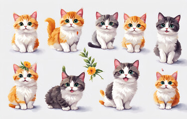 Obraz premium Cartoon cat wearing hats and necklaces ，Duoge Comics. Multi grid emoticons, multiple animal avatars and expressions