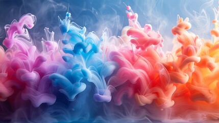 Obraz premium Close-up of colorful ink blending in water, forming swirling, cloud-like patterns that change and evolve in a hypnotic dance. Abstract Backgrounds Illustration, Minimalism,