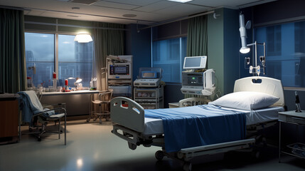 Luxurious hotel room interior with clean, empty space, featuring modern furniture and healthcare equipment