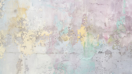 Rustic Textured Wall with Spring Blossoms Color Washing Technique. Aged effect. Palette of lilac, baby pink, yellow, pale green and blue, with subtle variations in hue and tonality. High-resolution. 