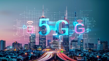 The image showcases a cityscape at dusk with illuminated skyscrapers. Large 5G text and graphics overlay symbolize advanced wireless communication technology development in urban settings.