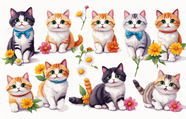 Obraz premium Cartoon cat wearing hats and necklaces ，Duoge Comics. Multi grid emoticons, multiple animal avatars and expressions