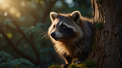 Obraz premium A cute little raccoon dog with soft fur stands alone in the forest on a tree sunset time.
