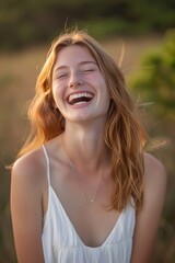Fototapeta premium portrait of a sweet woman blonde laughing joyfully