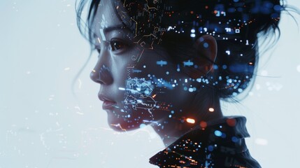 This image features a side profile of a person overlaid with digital data and technological elements, representing a fusion of humanity and technology.