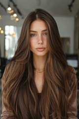 Obraz premium Explore the elegance of a woman with long, shiny natural brown hair in a stylish fashion salon.