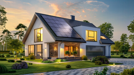 modern house with solar panels on the roof, exterior view. modern family home in evening light with a green lawn and garage door. 