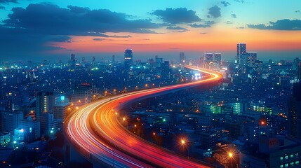 Fototapeta premium Dynamic photo of light trails weaving through a cityscape at night. Abstract Backgrounds Illustration, Minimalism,