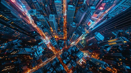 Abstract aerial view of a city at night, where the lights create a dazzling array of patterns and shapes that capture the vibrancy and energy of urban life. Abstract Backgrounds Illustration,