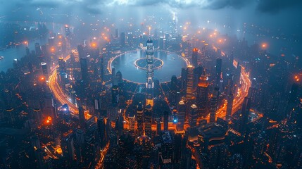 Abstract aerial view of a city at night, where the lights create a dazzling array of patterns and shapes that capture the vibrancy and energy of urban life. Abstract Backgrounds Illustration,