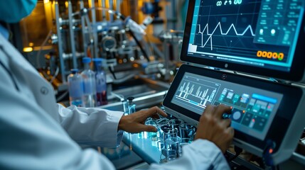 Fototapeta premium Close-up of a technician's hands operating a machine that converts chemical waste into raw materials.