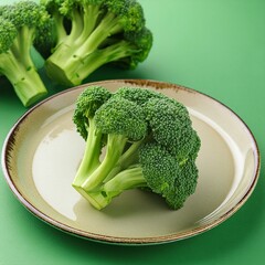 Fresh healthy raw organic green broccoli on green background