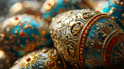 Close Up of Decorative Blue and Gold Eggs with Ornate Detailing