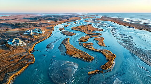 Aerial photograph of a coastal wetland at low tide, where the exposed mudflats and water channels form intricate, organic patterns that resemble an abstract painting. Abstract Backgrounds