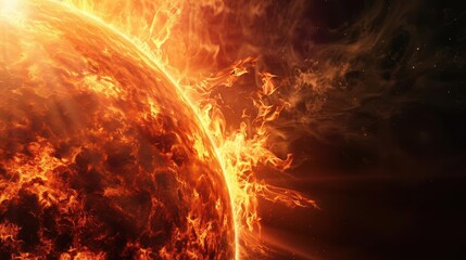 Fototapeta premium Solar atmosphere, 4K sun, black background, fiery surface, dynamic solar flares, intense heat, closeup