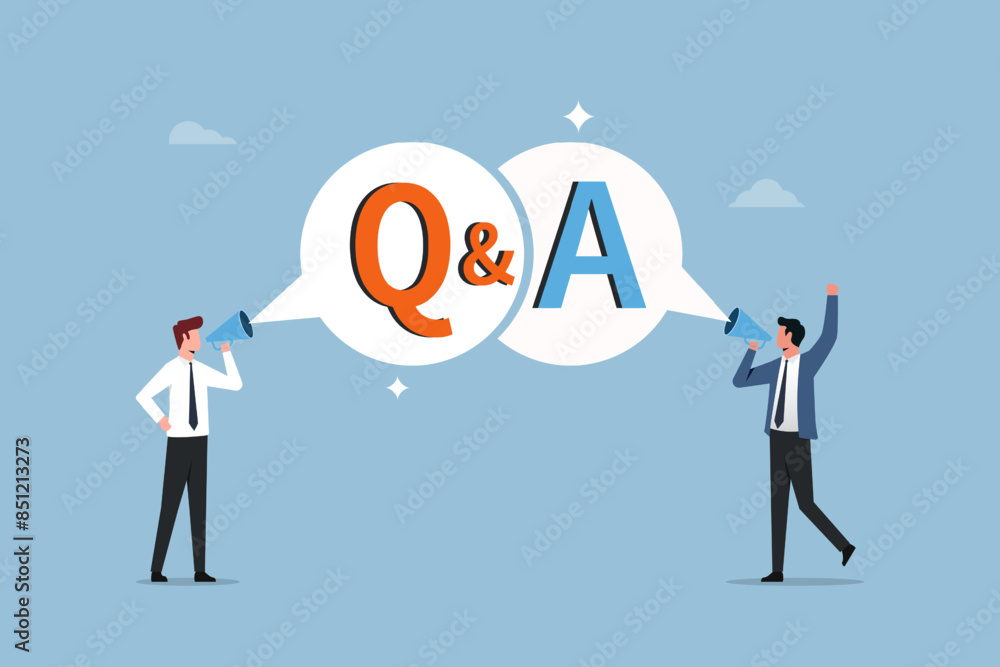 Poster question and answer session or qa. faq or frequently asked questions. two businessmen are shouting o