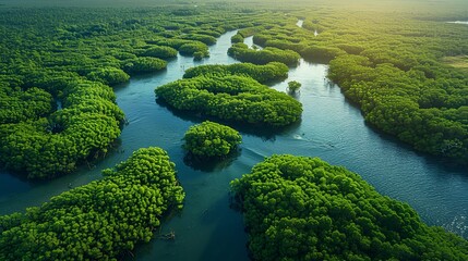 Aerial shot of a coastal area with mangrove forests, where the intricate patterns created by the water and the vegetation form a unique and visually captivating landscape. Abstract Backgrounds