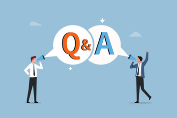 Fototapeta premium Question and Answer session or QA. FAQ or frequently asked questions. Two businessmen are shouting on megaphone as Q and A on speech bubble. Information to solve problem