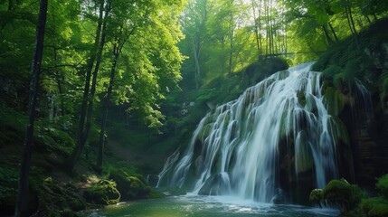 Waterfall Mountain Park The waterfalls powerful flow creates a mesmerizing display as it plunges into a serene pool