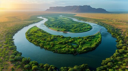 Aerial shot of a meandering river in a desert, where the contrast between the lush green riverbanks and the surrounding arid landscape creates a striking and abstract visual effect. Abstract