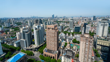 Fototapeta premium Elevated Urban Cityscape View under Clear Sky