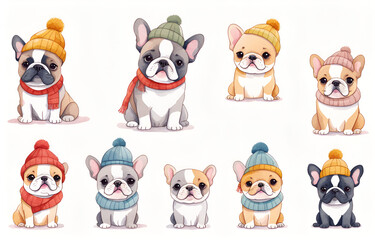 Cartoon French Bulldog wearing hats and necklaces
，Duoge Comics. Multi grid emoticons, multiple animal avatars and expressions