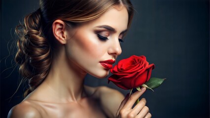 Elegant Woman with Rose - A close-up portrait of an elegant woman gently holding a red rose, her expression serene and thoughtful.

