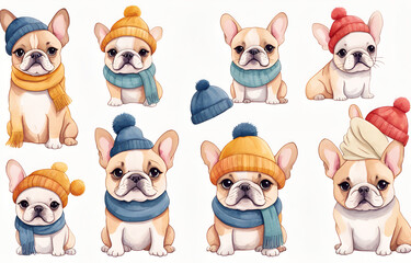 Cartoon French Bulldog wearing hats and necklaces
，Duoge Comics. Multi grid emoticons, multiple animal avatars and expressions