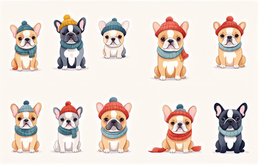 Cartoon French Bulldog wearing hats and necklaces
，Duoge Comics. Multi grid emoticons, multiple animal avatars and expressions