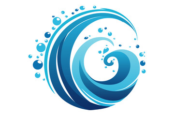 Round swirl water flow splash with splatters, clean blue water wave isolated on white background. Liquid water drops, water flows and waves flat vector illustration.
