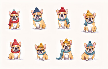 Fototapeta premium Cartoon French Bulldog wearing hats and necklaces ，Duoge Comics. Multi grid emoticons, multiple animal avatars and expressions