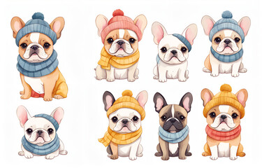 Cartoon French Bulldog wearing hats and necklaces
，Duoge Comics. Multi grid emoticons, multiple animal avatars and expressions