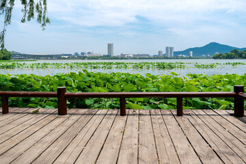 Lakeside Cityscape with Wooden Deck
