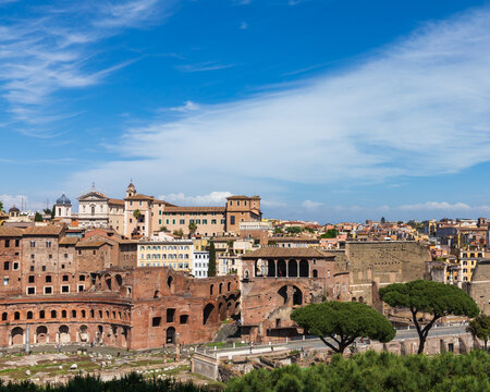 Wide angle view of downtown Rome, Italy, on a beautiful blue sky summer day.