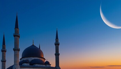 Mosques Dome on dark blue twilight sky and Crescent Moon on background, symbol islamic religion Ramadan and free space for text arabic, Eid al-Adha, Eid al-fitr, Mubarak, Islamic new year Muharram