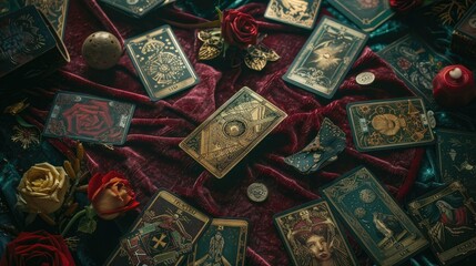 An intricate flat lay of tarot cards spread across a velvet surface