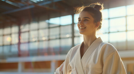 The concept of sports. A candid portrait of a happy smiling female judoka in a white kimono. Judo or taekwondo. A sports competition