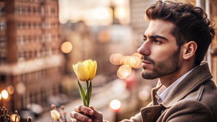 Fototapeta premium Pensive Man with Tulip - A contemplative man gazing off into the distance while holding a single yellow tulip, against a blurred urban backdrop.