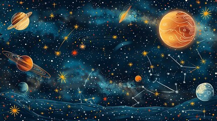 An abstract background with hand-drawn constellations and celestial bodies, inviting viewers to reflect on the vastness of the universe. Abstract Backgrounds Illustration, Minimalism,