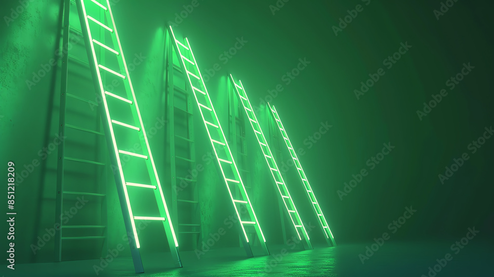 Poster a futuristic abstract scene with glowing green ladders positioned against a green background, creati