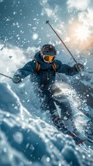 Naklejka premium Skier in mountains, prepared piste and sunny day