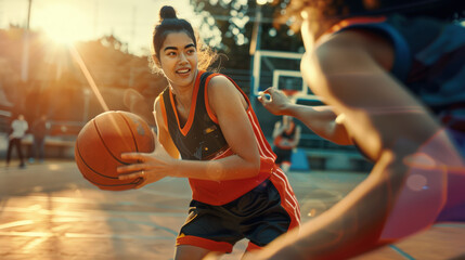 A woman in a basketball uniform holds a basketball in her hands and smiles. A basketball game. The concept of a sports competition