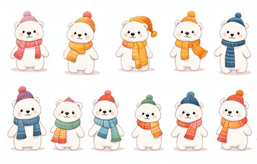 Cartoon polar bears wearing hats and necklaces,litele bears ,Duoge Comics. Multi grid emoticons, multiple animal avatars and expressions
